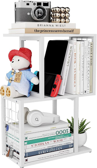 Small Desktop Bookshelf Organizer, White 3-Tier Desk Shelf with Metal Hook Workspace Organizers for Desk Organization and Office Storage Table Bookcase