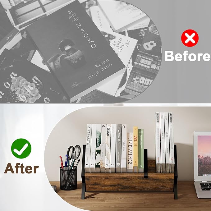 YINMIT Wood Desktop Bookshelf, Retro Tabletop Bookshelf, Desk Shelf for Top of Desk in Living Room, Home, Office, Tilting Bookcase for CDs, Magazine, Books, Home Decor