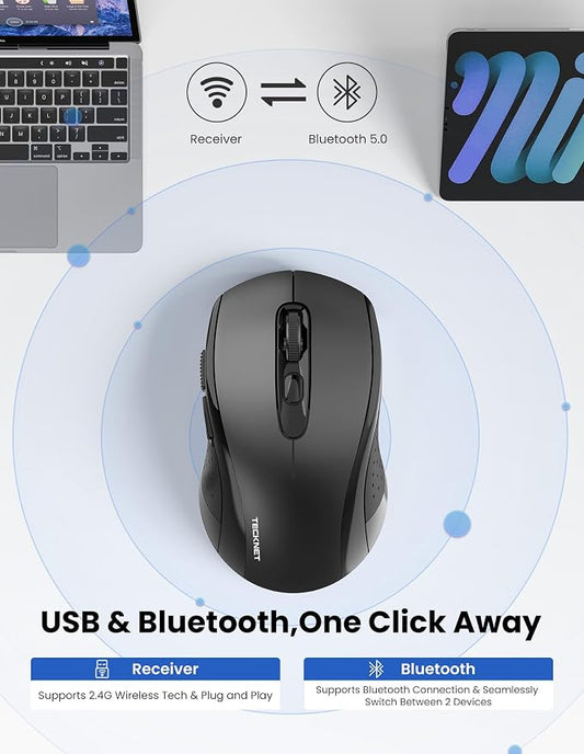 TECKNET Bluetooth Mouse (BT 5.0/3.0+2.4Ghz), 6-Level 4000 DPI Wireless Mice for Laptop, 2-in-1 Ergonomic Computer Portable PC Mouse, Silent Mouse with USB Receiver for Windows/Mac/PC/Notebook