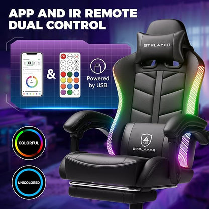 GTPLAYER RGB Gaming Chair with Footrest, Computer Gaming Chair with LED Lights for Adults, Height Adjustable PC Gamer Chair with 90-155° Recline & Removable Headrest Lumbar Support, RGB Black