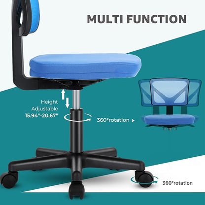 OLIXIS Armless Office Chair, Ergonomic Desk Chair with Wheels, Mesh Back, Removable Washable Foam Cushion, Height Adjustable Rolling Swivel Chairs for Small Space, Home, Office, Blue
