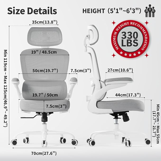 TRALT Ergonomic Office Chair - Desk Chair with Adjustable Headrest Lumbar Support Computer Chair - Mesh Comfy Chair with Flip-up Armrests - Gaming Chairs for Adults Home Office (Leather, Grey)