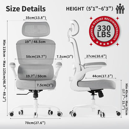 TRALT Ergonomic Office Chair - Desk Chair with Adjustable Headrest Lumbar Support Computer Chair - Mesh Comfy Chair with Flip-up Armrests - Gaming Chairs for Adults Home Office (Leather, Grey)