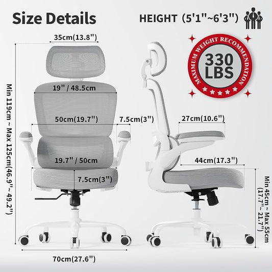 TRALT Ergonomic Office Chair - Desk Chair with Adjustable Headrest Lumbar Support Computer Chair - Mesh Comfy Chair with Flip-up Armrests - Gaming Chairs for Adults Home Office (Leather, Grey)