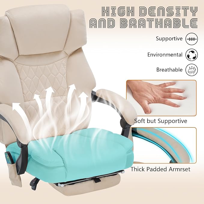 Massage Office Chair with Foot Rest 6 Points Vibration and Heat Home Office Desk Chairs for Heavy People 400lbs Reclining Managerial Chairs Ergonomic Executive Chair (Beige)