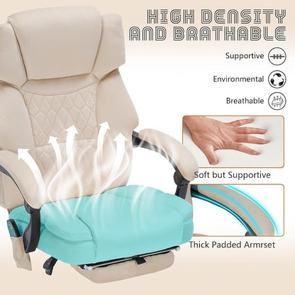 Massage Office Chair with Foot Rest 6 Points Vibration and Heat Home Office Desk Chairs for Heavy People 400lbs Reclining Managerial Chairs Ergonomic Executive Chair (Beige)