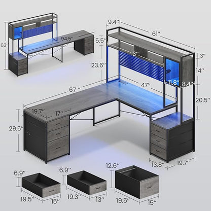 SEDETA L Shaped Gaming Desk with Drawers, Reversible Computer Corner Desk with File Drawer, Hutch, Storage Shelves for Home Office, Gaming Two Person Desk with Led Lights, Power Outlet, Grey