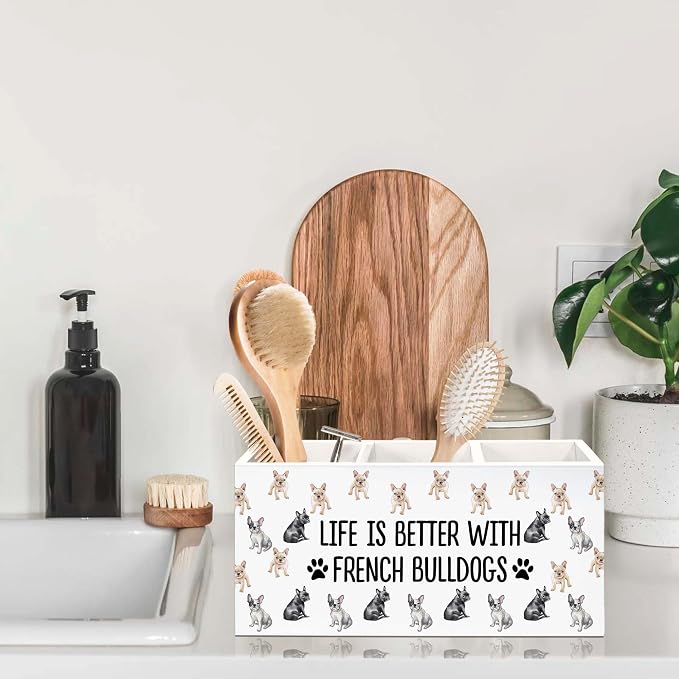 French Bulldog Gifts Dog Pen Holder for Desk, Gifts for Dog Lovers Owners Pencil Organizer, Life is Better with French Bulldogs Wooden Pen Holder Desk Accessories Decor for Home Office
