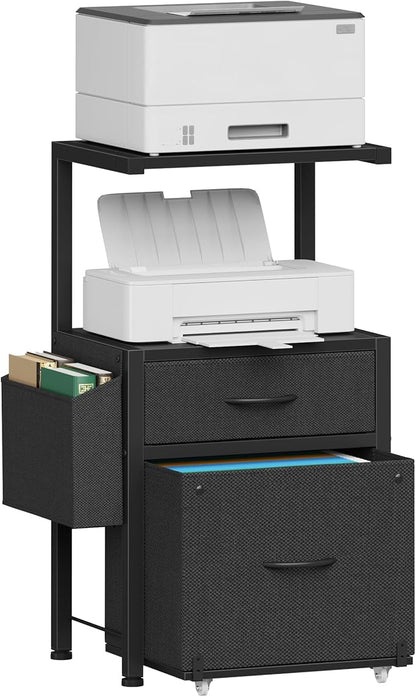 HIGDBFE 2-Drawer File Cabinet with Printer Stand & Dual Shelves, Black | 2-Tier Printer Storage, Letter File Drawer, Reversible Side Bag, Smooth Drawer Slides, Rolling Support Board
