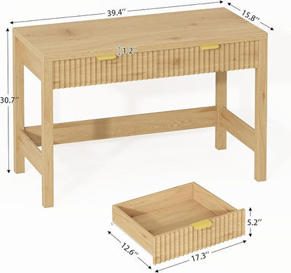 YOMILUVE Fluted Computer Desk with 2 Drawers, 39 Inch Small Computer Desk with Storage, Compact Writing Study Desk for Small Spaces