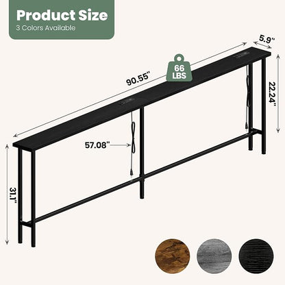 GRLEAF 90" Sofa Table with Built-in Power Strip (4 AC Outlets & 4 USB Ports) – 4.9ft Power Cord, Metal Frame, Easy Assembly, Long Couch Table Behind Sofa, Living Room and Home Office | Black