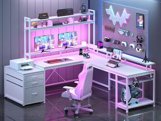 EnHomee 104''L Shaped Desk with 4 Layouts,Outlet for Two Person Home Office | 4 Layout Sizes 64''–104'', Multi-Room Compatibility, 4 AC+2 USB Outlet, Multi-Monitor Stand, Simultaneous Work and Charging