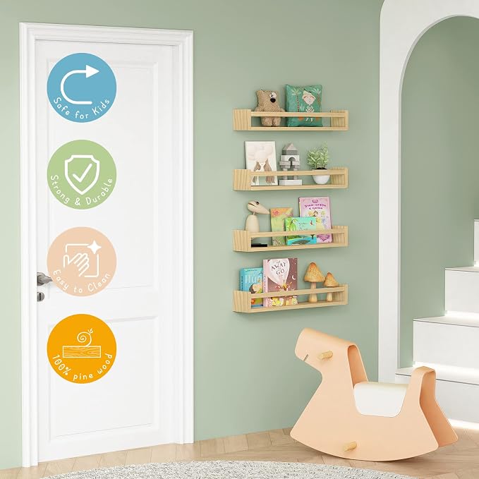 Forbena Natural Wood Nursery Bookshelves for Wall, 24 Inches Long Floating Book Shelves, Wall Mounted Bookcase for Baby Teen Girl Boy Kids Room Bedroom, Playroom Organizer, Bathroom Decor (4-Pack)