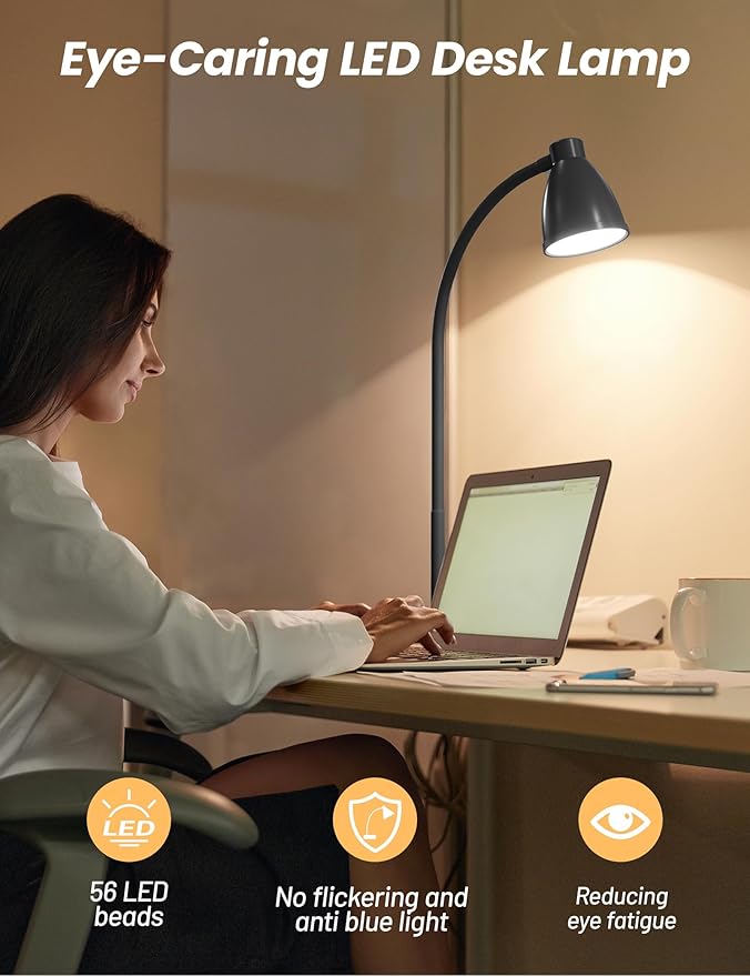 BOHON LED Desk Lamp with USB Charging Port 3 Color Modes Dimmable, Black | Reading Light Intelligent Induction Auto Dimming Task Lamp Neck Flexible Table Lamp for Bedside Office, AC Adapter Include