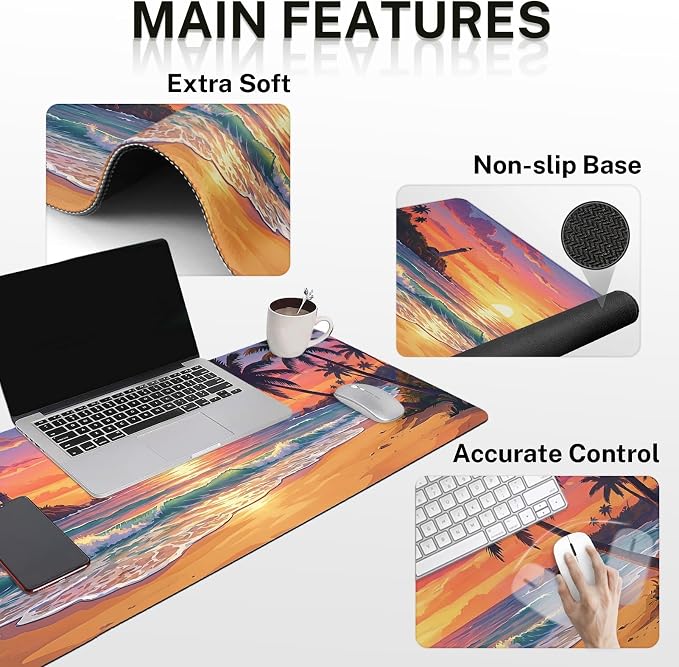 Britimes Beach Sunset Keyboard Mouse Pad Set Tropical Coastal 4in1 Large Mousepad+Keyboard Wrist Rest+Mouse Wrist Rest+Coaster Ergonomic Design for Home Office Computer 35.4x15.7 inches