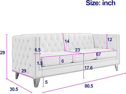 mikibama 2PC Velvet Sofa Couch Set for Living Room,Button Tufted 3 Seater Sofas Set of 2,Modern Upholstered 3-Seat Couches with Nailhead Trims,Golden Metal Legs for Bedroom