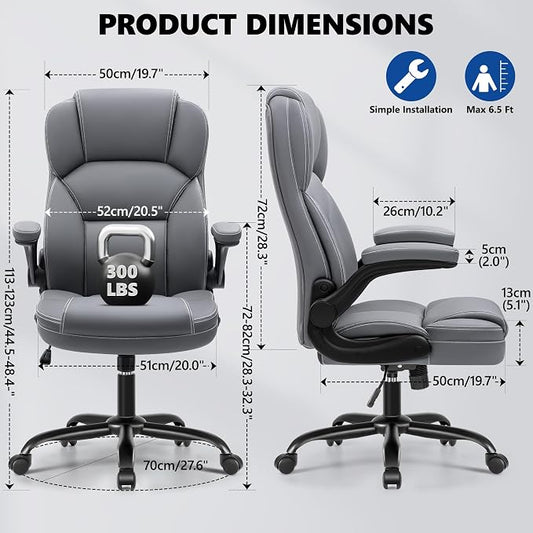 PU Leather Office Chair, Ergonomic High-Back Desk Computer & Gaming Chair with Adjustable Height, Rolling Swivel & Flip-Up Armrests, Comfy Padded Seat for Home Office-Gray