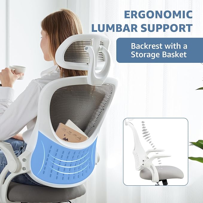 DUMOS Ergonomic Office Chair – High Back Mesh Computer Chair with Lumbar Support, Headrest, Flip-up Arms, and Swivel Wheels – Comfortable Gaming & Desk Chair for Home Bedroom Office,Grey