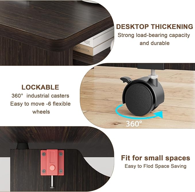 IDEALHOUSE FoldingTable, Drop Leaf Dining Table with 6 Wheels and 2-Layer Storage Shelf, Space Saving Table for Small Spaces (Dark Walnut, 50.1" D x 31.4" W x 29.5" H)