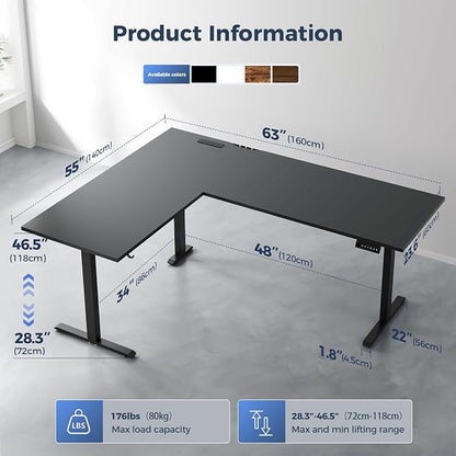 Klicelor L Shaped Standing Desk 63 x 55 Inch,Electric Height Adjustable Corner Desk with Cable Management & Power Outlets, Ergonomic Sit Stand Up Computer Table for Home Office,Black