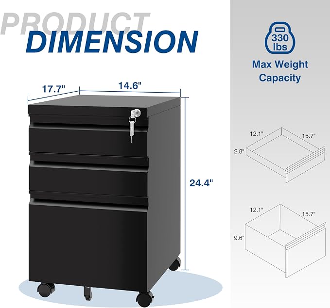 Fesbos 3 Drawer Vertical File Cabinet, Black Mobile Filling Cabinet with Lock for Legal/Letter Size, Pre-Built Office Storage File Cabinet with Wheels Under Desk - Fully Assembled