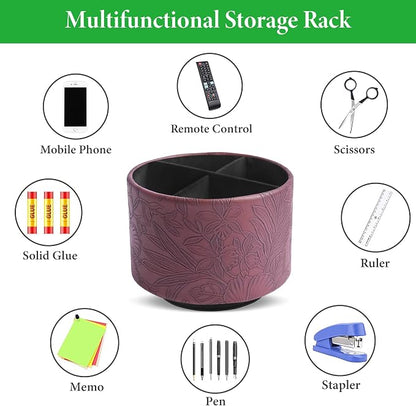 Round Leather Art Supply Organizer,Remote Control Holder,360 Degree Spinning,Multi-Functional Pencil Holder,4 Compartments Desktop Stationary Organizer(1-Carved Dark Brown)