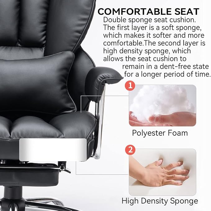 Efomao Big and Tall Office Chair with Foot Rest 400LBS, PU Leather Computer Chair, Heavy Duty Executive Office Chair with Lumbar Support, Black Home Office Chairs | 400lbs support, 135° recline, dual-layer foam cushion, 23.5" seat & footrest. BIFMA