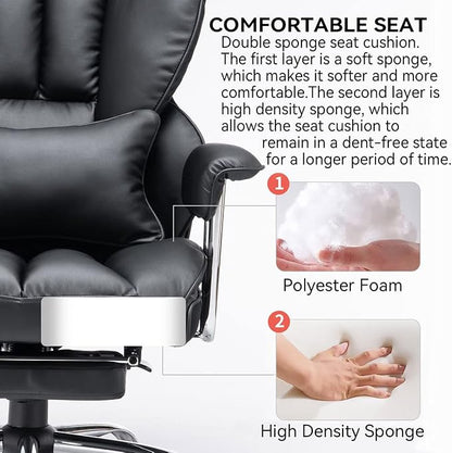 Efomao Big and Tall Office Chair with Foot Rest 400LBS, PU Leather Computer Chair, Heavy Duty Executive Office Chair with Lumbar Support, Black Home Office Chairs | 400lbs support, 135° recline, dual-layer foam cushion, 23.5" seat & footrest. BIFMA