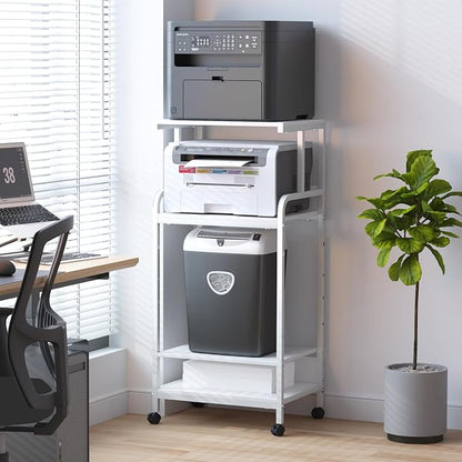 Arbuxzuy 4-Tier Printer Stand with Storage Shelf, Mobile Printer Table for Home Office, Adjustable Stand for Printer, Scanner, Fax (White)