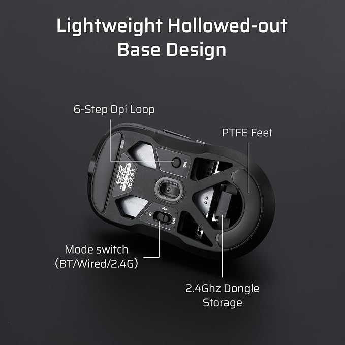 LTC GM024 Tri-Mode Wireless Gaming Mouse, 59g Ultra-Light Ergonomic Gaming Mouse 2.4Ghz/BT/Wired, 6-Level DPI 8000 Max, 1000Hz, 5 Programmable Buttons, Pro Software