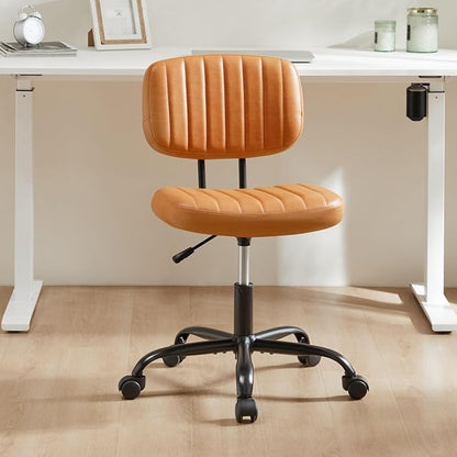 Sweetcrispy Small Office Desk Chair, Armless PU Leather with Comfy Lumbar Support, Height Adjustable Rolling Swivel Task for No Arms, for Adult, Student, Bedroom, Home, Vanity, Brown