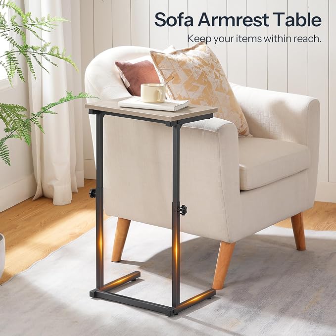 HOOBRO C Shaped End Table, Adjustable Height Sofa Side Table, Slide Under Couch Table, C Shaped Side Table for Small Spaces, for Living Room, Bedroom, Greige and Black BG71SF01