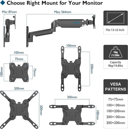 BONTEC Monitor Wall Mount Arm, VESA Gas Spring Height Adjustable, for 13-42 Inch Screens, Max 19.8lbs, Swivel, Tilt, Space-Saving Desk Mount, Easy Installation, Single Arm TV Mount, Max VESA 200x200