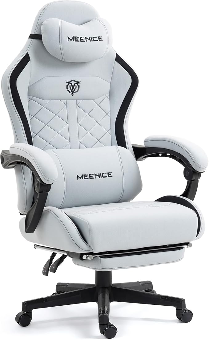 Big and Tall Gaming Chair Fabric with Pocket Spring Cushion, High Back Heavy Duty Gaming Chairs for Adults with Massage Lumbar Support, Ergonomic Computer Chair with Footrest for 400LBS Gray