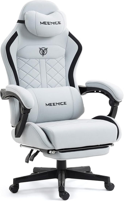 Big and Tall Gaming Chair Fabric with Pocket Spring Cushion, High Back Heavy Duty Gaming Chairs for Adults with Massage Lumbar Support, Ergonomic Computer Chair with Footrest for 400LBS Gray