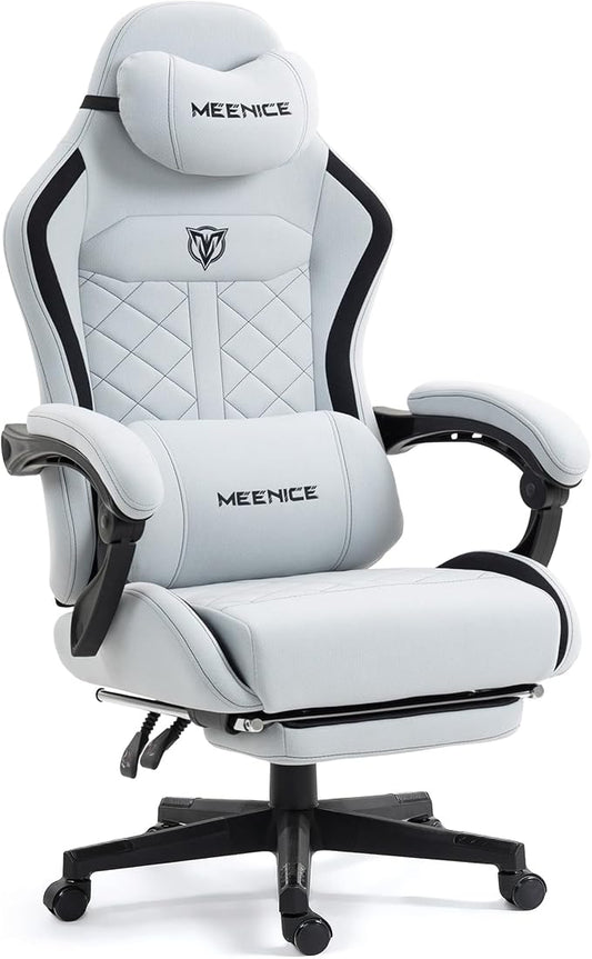 Big and Tall Gaming Chair Fabric with Pocket Spring Cushion, High Back Heavy Duty Gaming Chairs for Adults with Massage Lumbar Support, Ergonomic Computer Chair with Footrest for 400LBS Gray