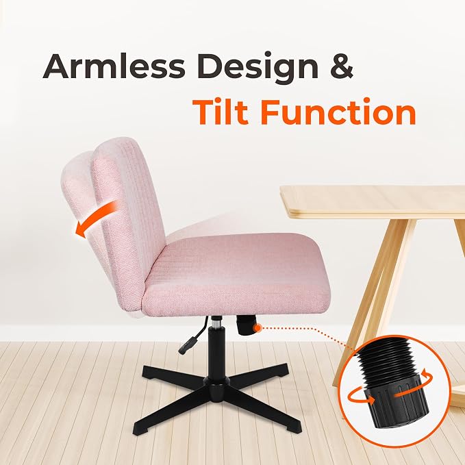 NEO Chair Criss Cross Chair No Wheel Vanity Desk Chair Wide Armless Cross Legged Office Comfy Makeup Adjustable Computer Task for Home Office Fabric (Pink)
