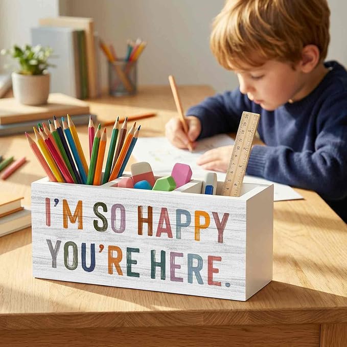 Classroom Pencil Pen Holder for Desk Organizer, I'm So Happy You're Here Wooden Box Decorations for Classroom Kids Room Bedroom Playroom Desk Tabletop Decor