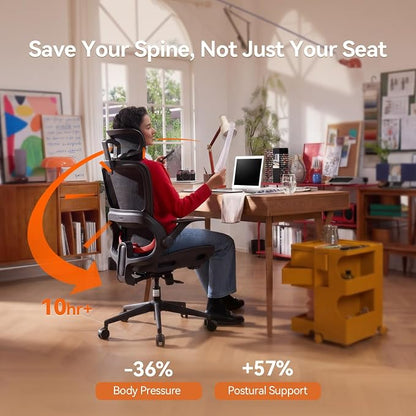SIHOO B100 Office Chair, Comfy Ergonomic Office Chair, Computer Chair with Adaptive Lumbar Support & Wide Headrest, Flip-up Armrests, Swivel Desk Chair for Long Hours, Without Footrest, Black