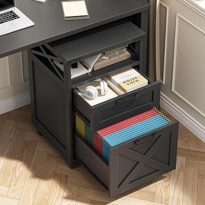 Farmhouse Filing Cabinet with Open Storage Space & Wheels, Office Filing Vertical Cabinet with 2 Drawers, Printer Stand for Hanging Files Letter/A4, Under Desk Storage Cabinets for Home Office.Black