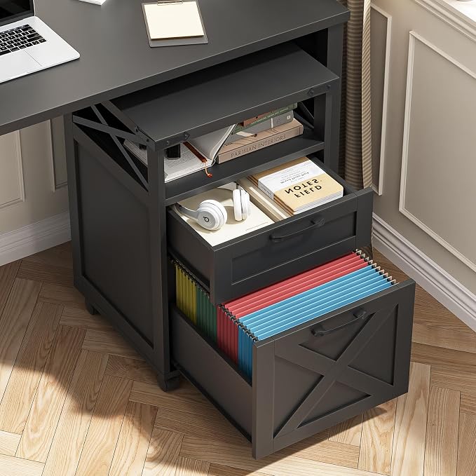 Farmhouse Filing Cabinet with Open Storage Space & Wheels, Office Filing Vertical Cabinet with 2 Drawers, Printer Stand for Hanging Files Letter/A4, Under Desk Storage Cabinets for Home Office.Grey