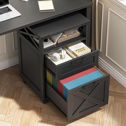 Farmhouse Filing Cabinet with Open Storage Space & Wheels, Office Filing Vertical Cabinet with 2 Drawers, Printer Stand for Hanging Files Letter/A4, Under Desk Storage Cabinets for Home Office.Grey