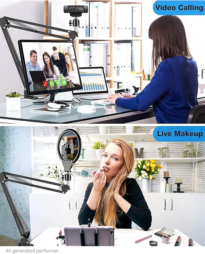 Webcam Stand, Boom Arm Camera Mount Stand for Logitech Webcam BRIO 4K C920 C920S C922 C922x C925e C930 NexiGo N60, 1/4"-3/8" and 3/8"-5/8" Screw for Blue Yeti Snowball Yeti Nano and Other Mics