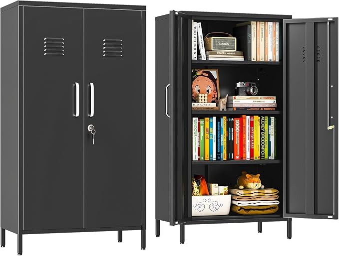 erosoei 47.24" H Metal Locker Storage Cabinet, Office Locker with 3 Adjustable Shelves, Steel Cabinet with 2 Doors, High Leg Organizer for Home Office, Kitchen, Living Room, Bedroom and Bathroom.