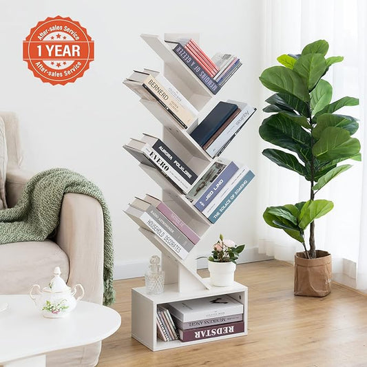 Yoobure Tree Bookshelf, 6 Tier Small Book Shelf Retro Floor Standing Bookcase, Wood Book Storage Organizer Rack, Tall Narrow Bookshelves for Corner/Bedroom/Living Room/Home Office, White