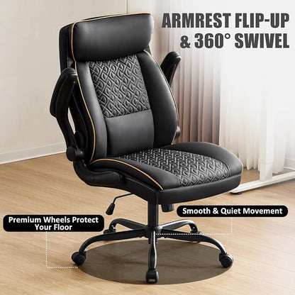 Leather Executive Office Chair, Computer Desk Chair with Lumbar Support, Comfortable Home Office Chairs 400lbs with Padded Flip-up Armrests, Height Adjustable, Tilting Function, Black