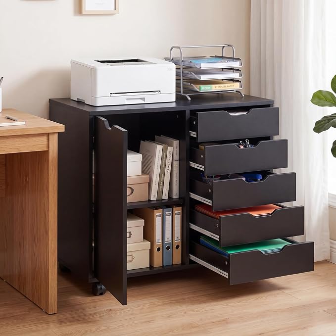 Giantex 5-Drawer File Cabinet with Wheels, Wooden Rolling Lateral Filing Cabinet with Door and Adjustable Shelf, Chest of Drawers, Mobile Printer Stand Organizer for Home Office (Black)