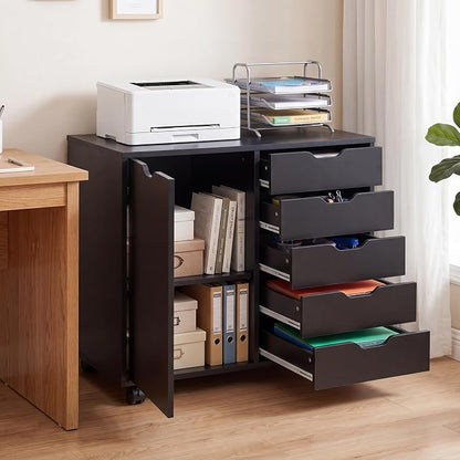 Giantex 5-Drawer File Cabinet with Wheels, Wooden Rolling Lateral Filing Cabinet with Door and Adjustable Shelf, Chest of Drawers, Mobile Printer Stand Organizer for Home Office (Black)