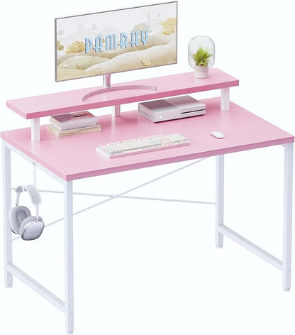 Pamray 32 Inch Small Computer Desk with Monitor Stand, Simple Office Desk with Headphone Hook for Small Spaces, Kids Study Writing Table for Bedroom, Pink
