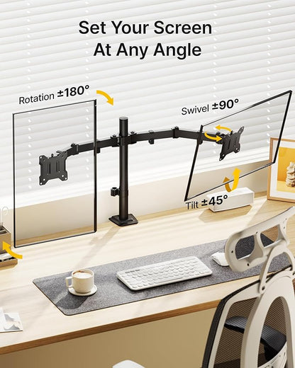 monTEK Heavy Duty Dual Monitor Stand for 17 to 32 Inch Screens, Adjustable Desk Mount Supports 22 lbs Each, Clamp and Grommet Base, VESA 75x75/100x100
